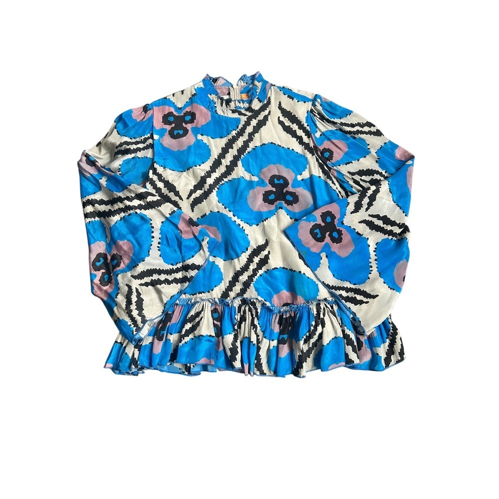 Oliphant Blue Floral Ruffle High Neck Peplum Blouse Top Womens Medium Viscose
